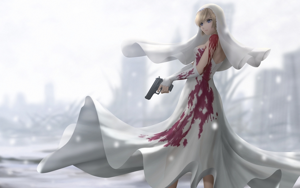 Айя Брея из игры 'The 3rd Birthday' (Parasite Eve) в окровавленном свадебном платье и пистолетом в руке
