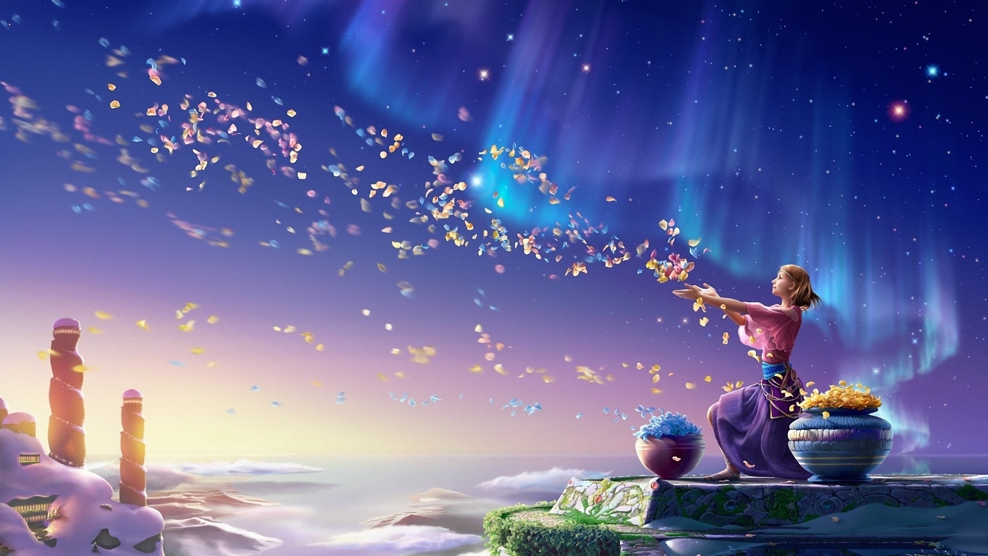 Девушка на фоне ночного неба бросает в воздух над городом лепестки цветов из стоящих рядом больших ваз