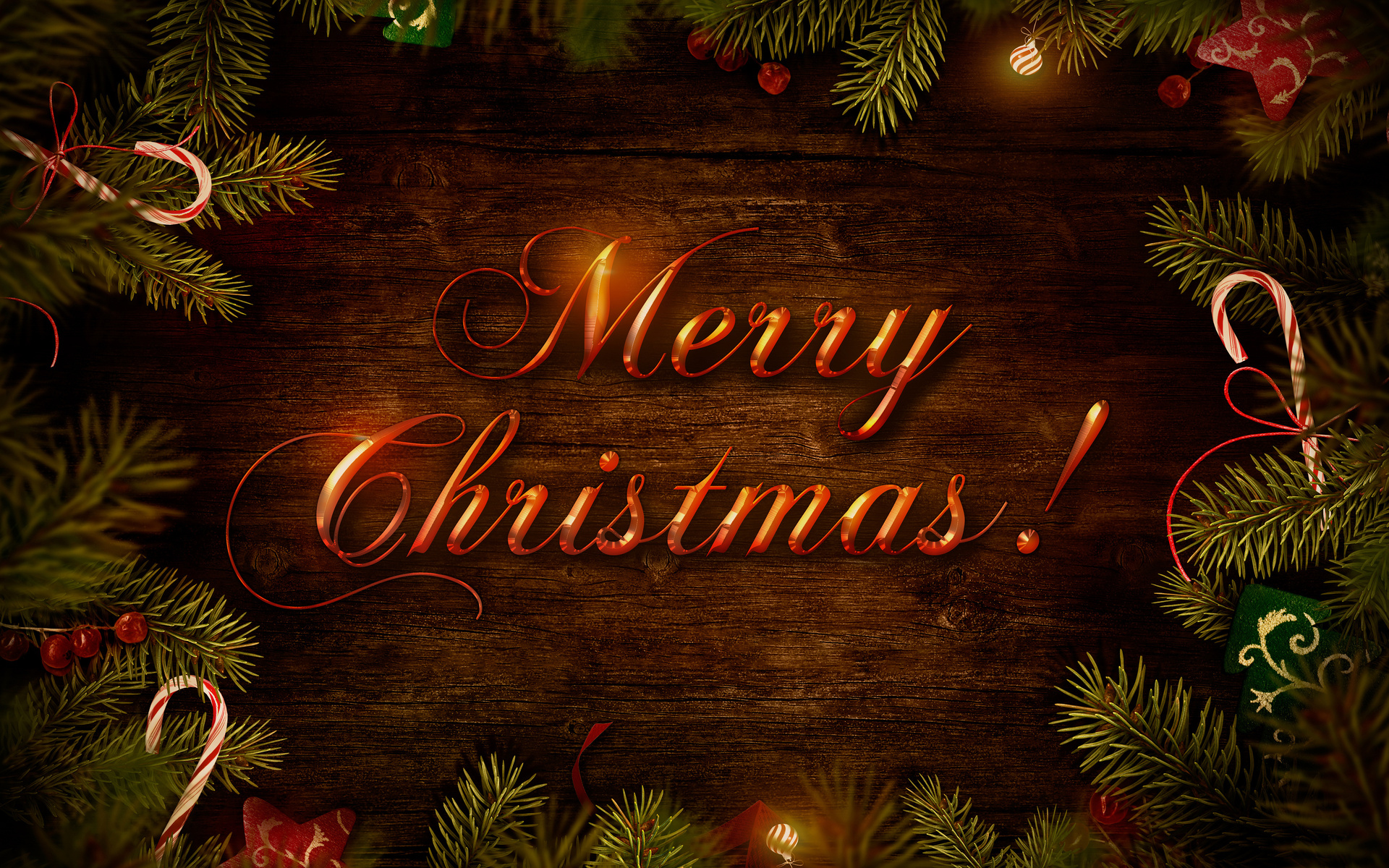 Ёлочные ветки, красно-белые новогодние леденцы и надпись Merry Christmas! / Веселого Рождества
