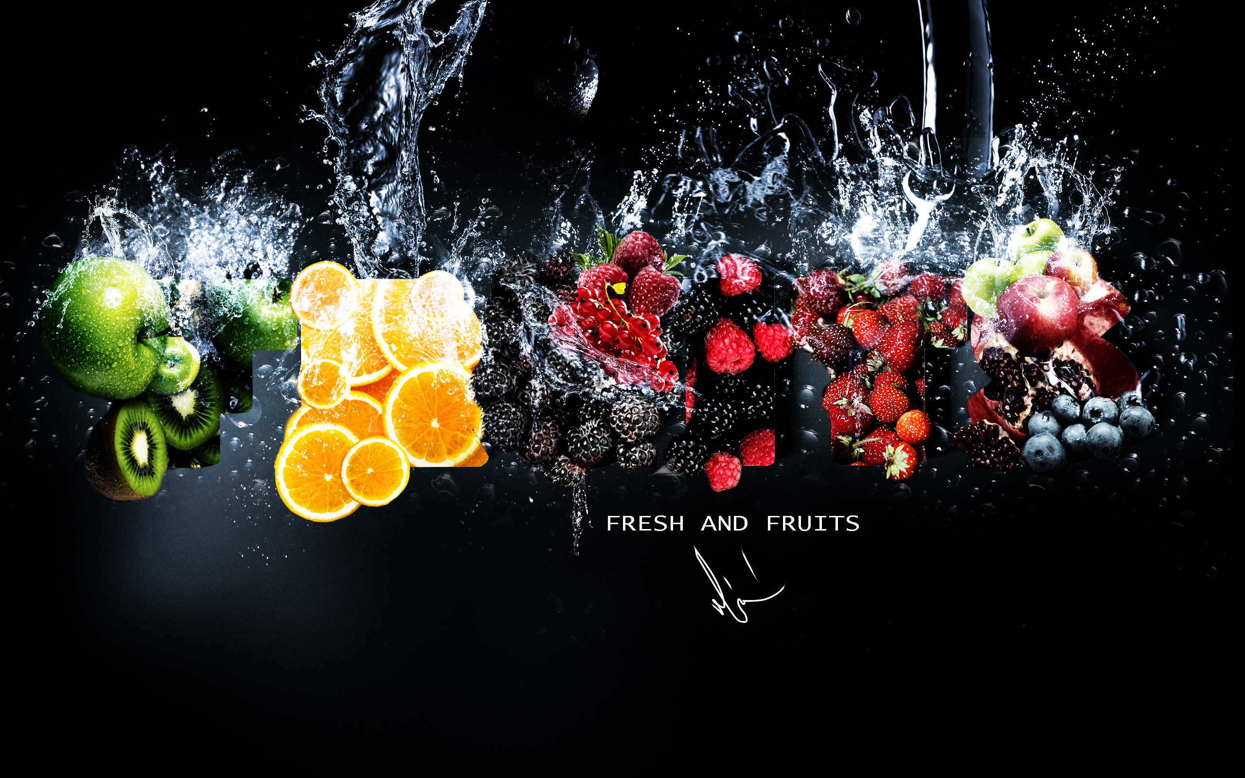 Фрукты в брызгах воды: яблоки, киви, апельсины, малина, клубника, ежевика, гранат (fresh and fruits)