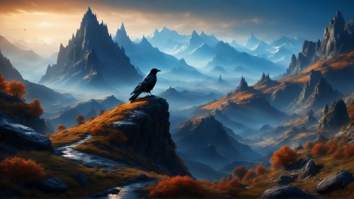Ворон на фоне горных холмов