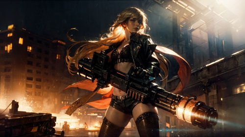 Девушка с длинными светлыми волосами стоит по среди полыхающего города с огромным пулеметом в руках
