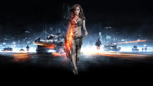 Девушка в военной одежде с винтовкой на фоне танков и солдат на фоне Battlefield 3