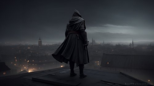 Мужчина в черном плаще и капюшоне стоит на крыше глядя на огни ночного города