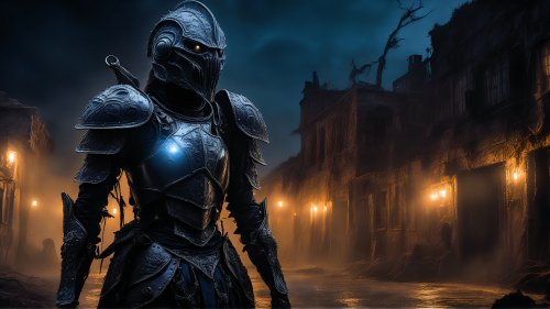 Рыцарь смерти стоит ночью посредине древнего разрушенного города освещенного фонарями