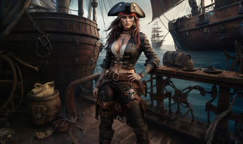 Девушка пиратка на фоне кораблей