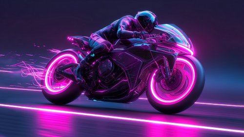 Мотоциклист быстро едет на спортивном мотоцикле с фиолетовой неоновой подсветкой