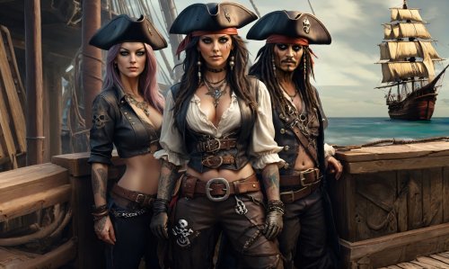 Три пирата на корабле на фоне другого корабля