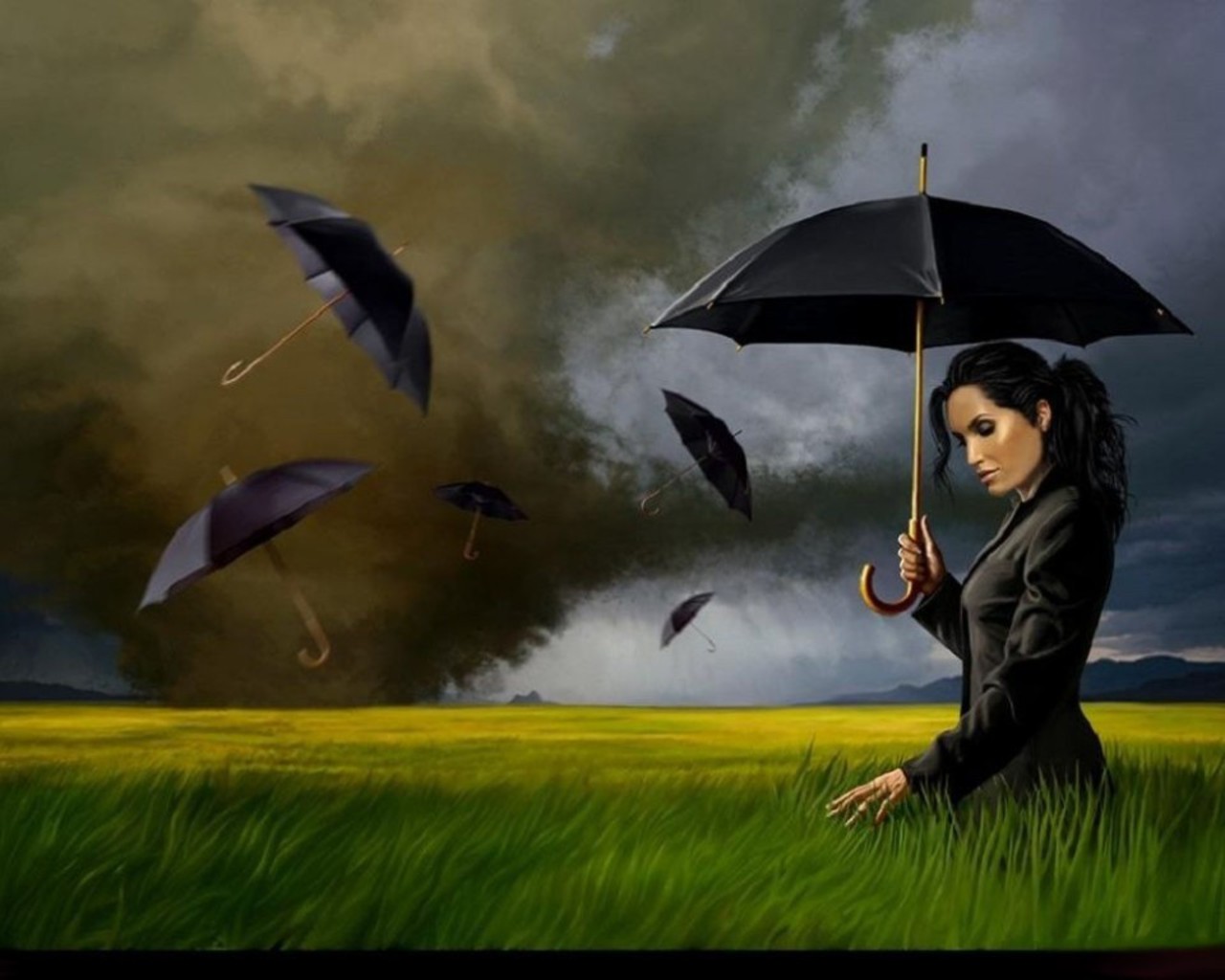 Девушка бредёт по полю, в небе, как чёрные вороны, парят раскрытые зонты