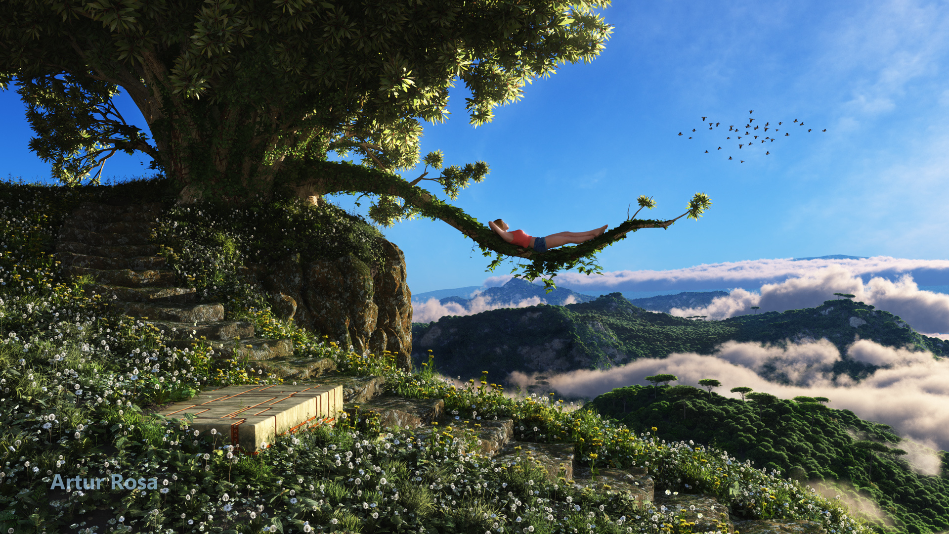 Девушка лежит на ветви дерева на фоне зеленеющих гор и голубого неба