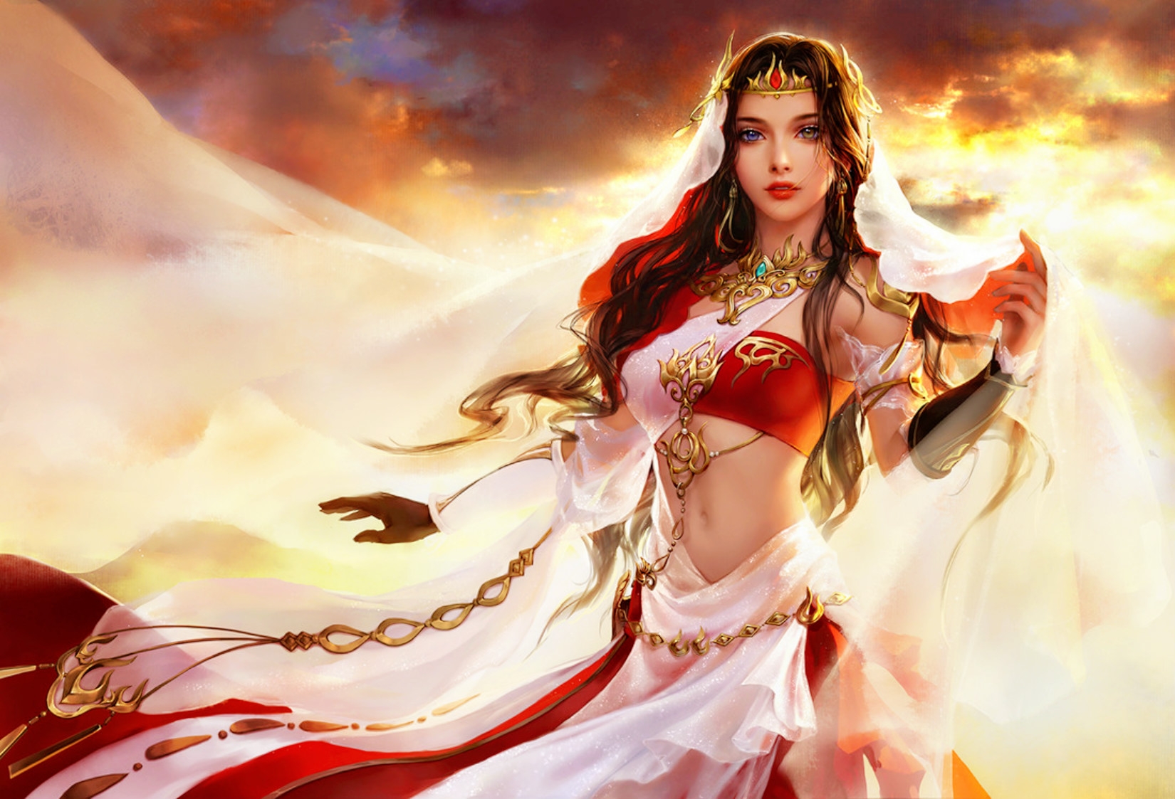 Девушка с темными длинными волосами с тиарой на лбу в бело-красной одежде на фоне неба