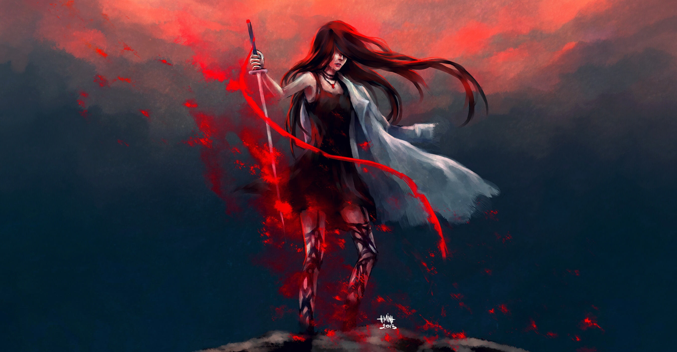 Девушка в темном платье с мечом в руках стоит на фоне красно-серого неба