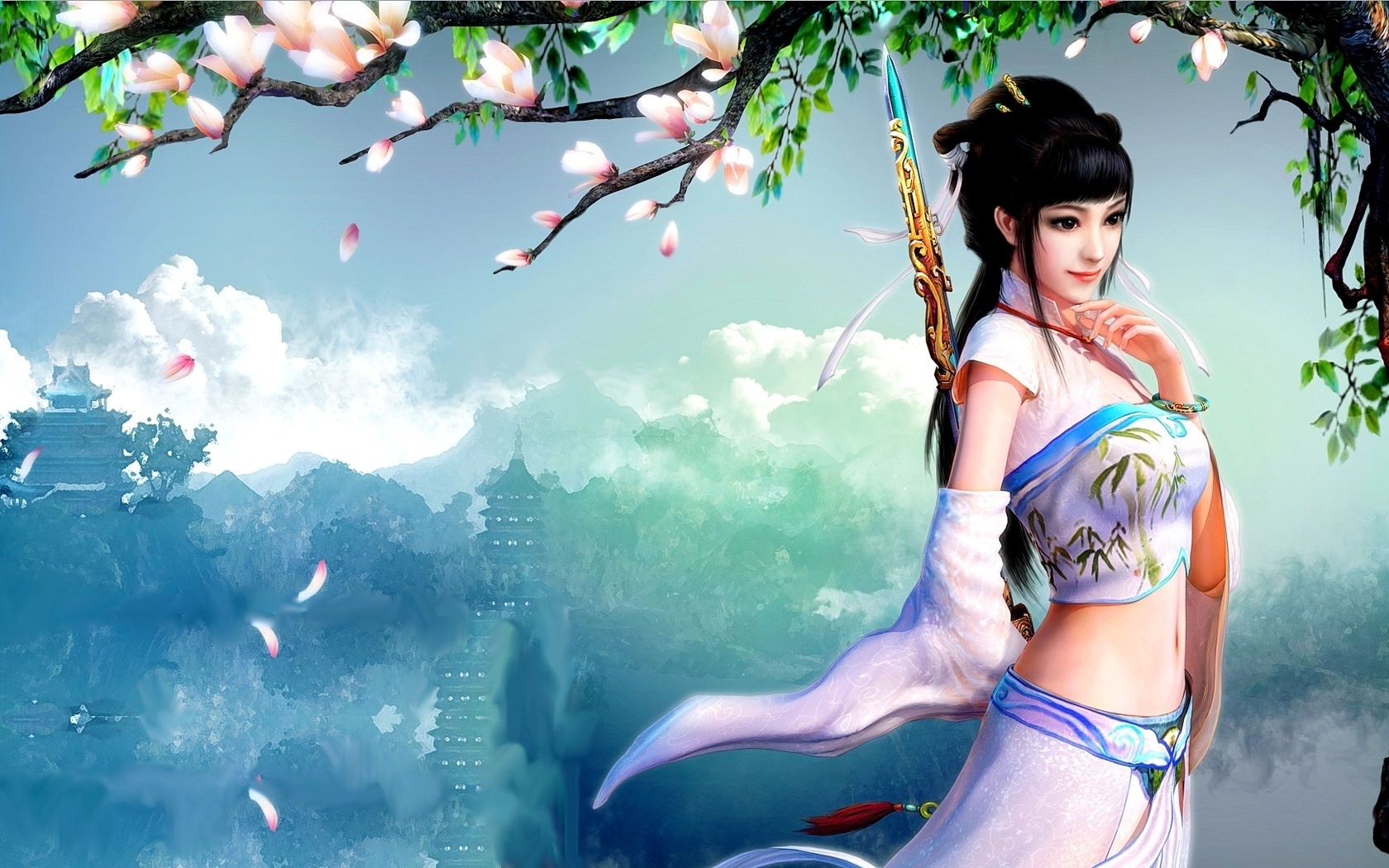 Девушка-самурайка с мечом за спиной около цветущей магнолии, вдалеке виднеются пагоды и горы