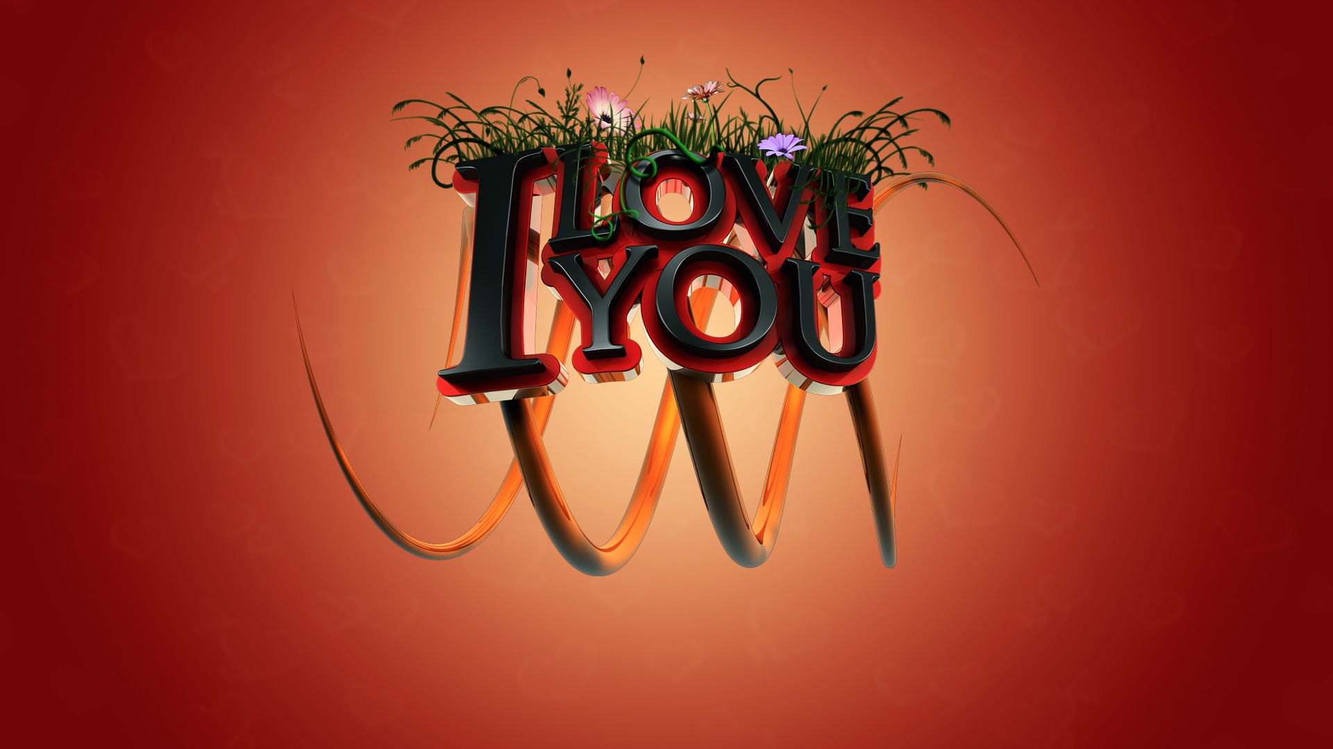 Красивая надпись с травинками и цветами (Я люблю тебя / I Love You)