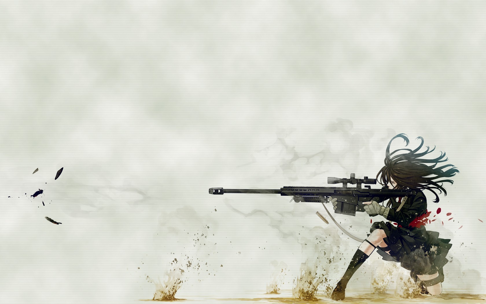 Темноволосая девушка со снайперской винтовкой с оптическим прицелом стреляет на разлинованной бумаге