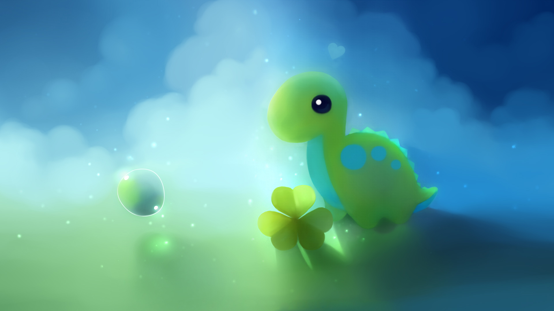 Зелёный динозарик, клевер и пузырик