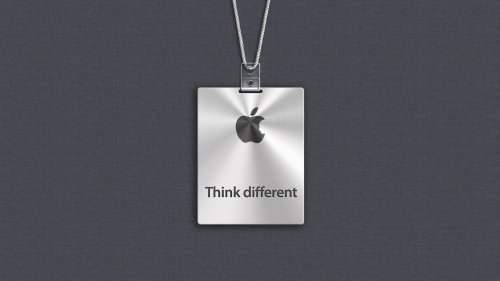 Бэдж Apple / Эппл на сером фирменном фоне с измененным логотипом в виде головы Стива Джобса / Steve Jobs (Think different / Мысли иначе)