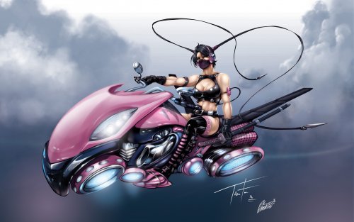 Девушка-киберпанк на розовом мотоцикле среди облаков