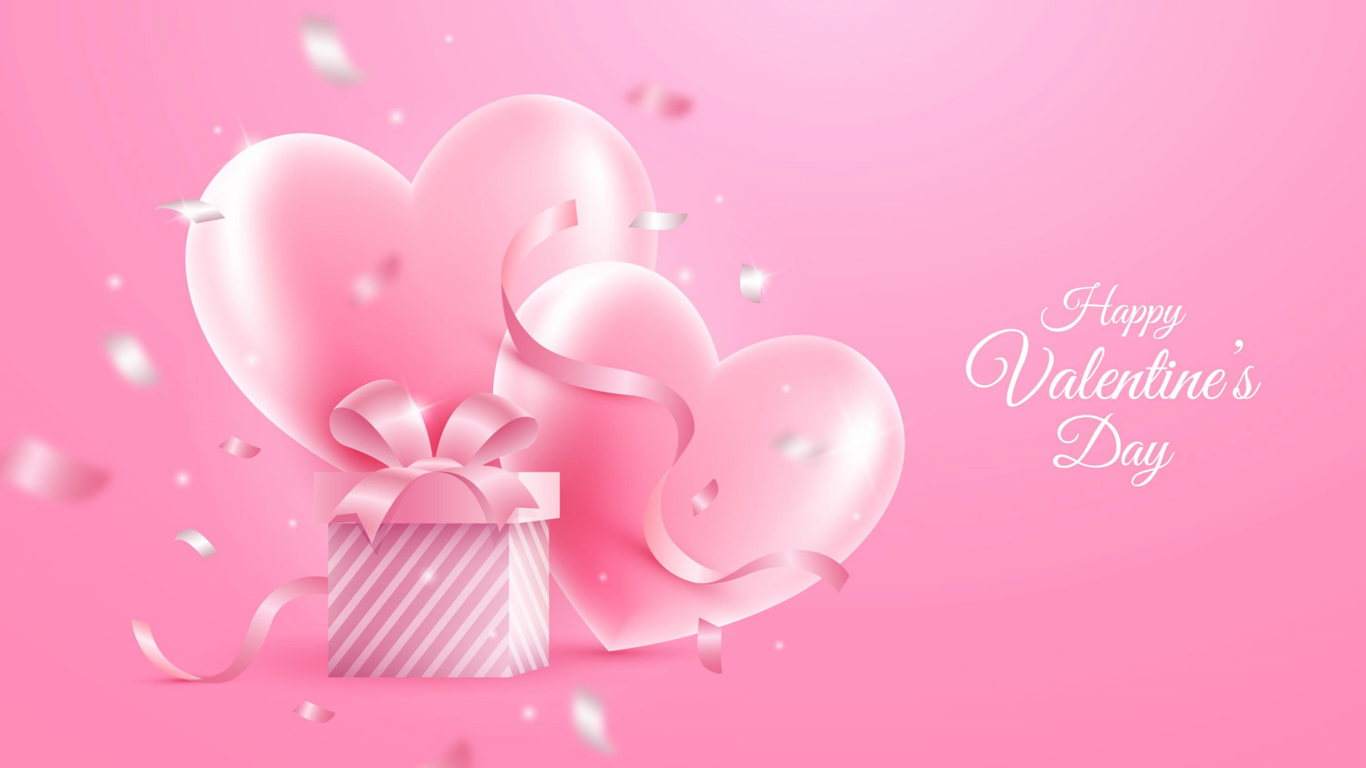 Два розовых сердца и коробка с бантом на розовом фоне (Happy Valentines Day)
