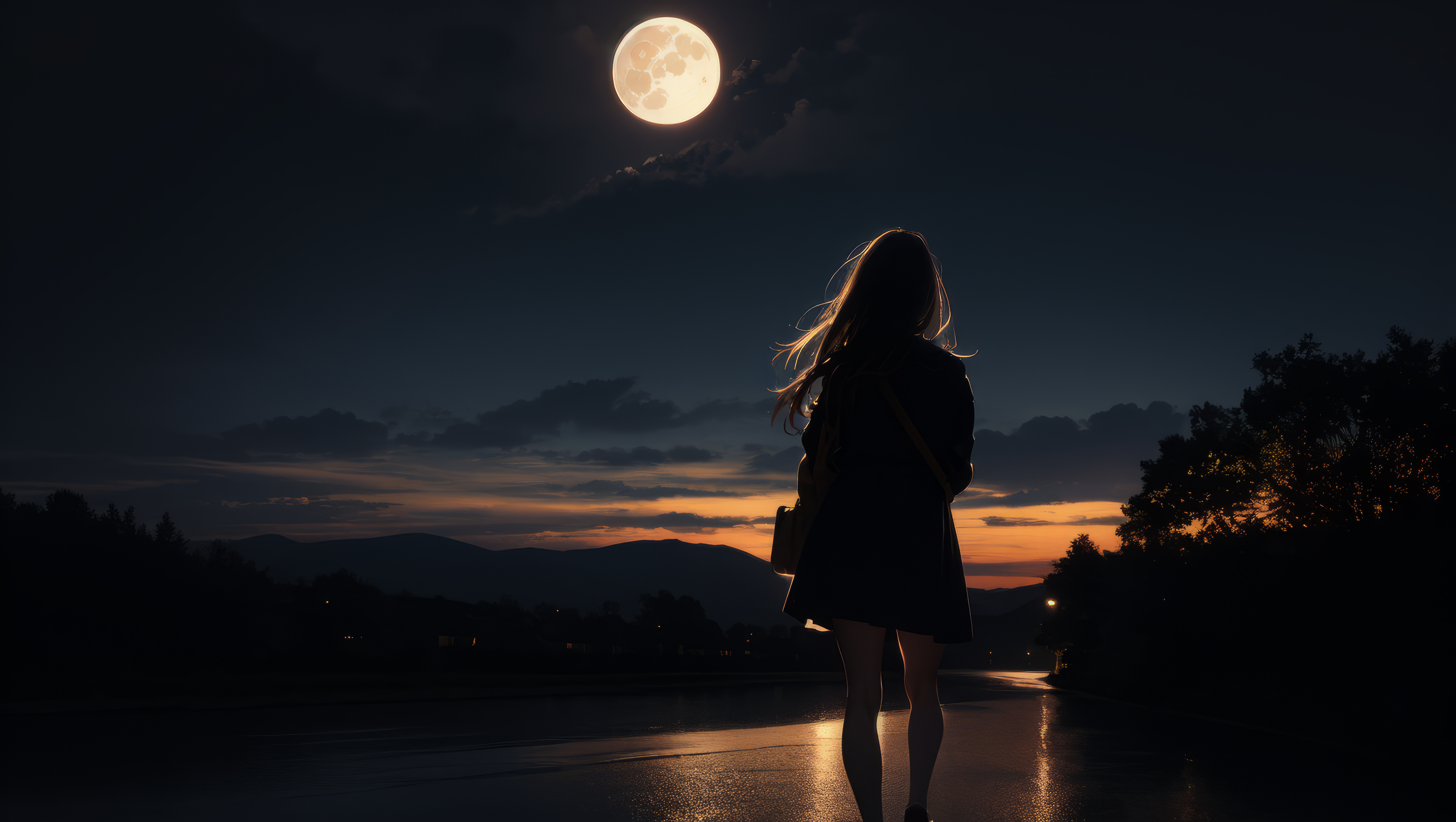 Девушка идет по мокрому асфальту, глубокой ночью и на встречу ей светит ярко луна