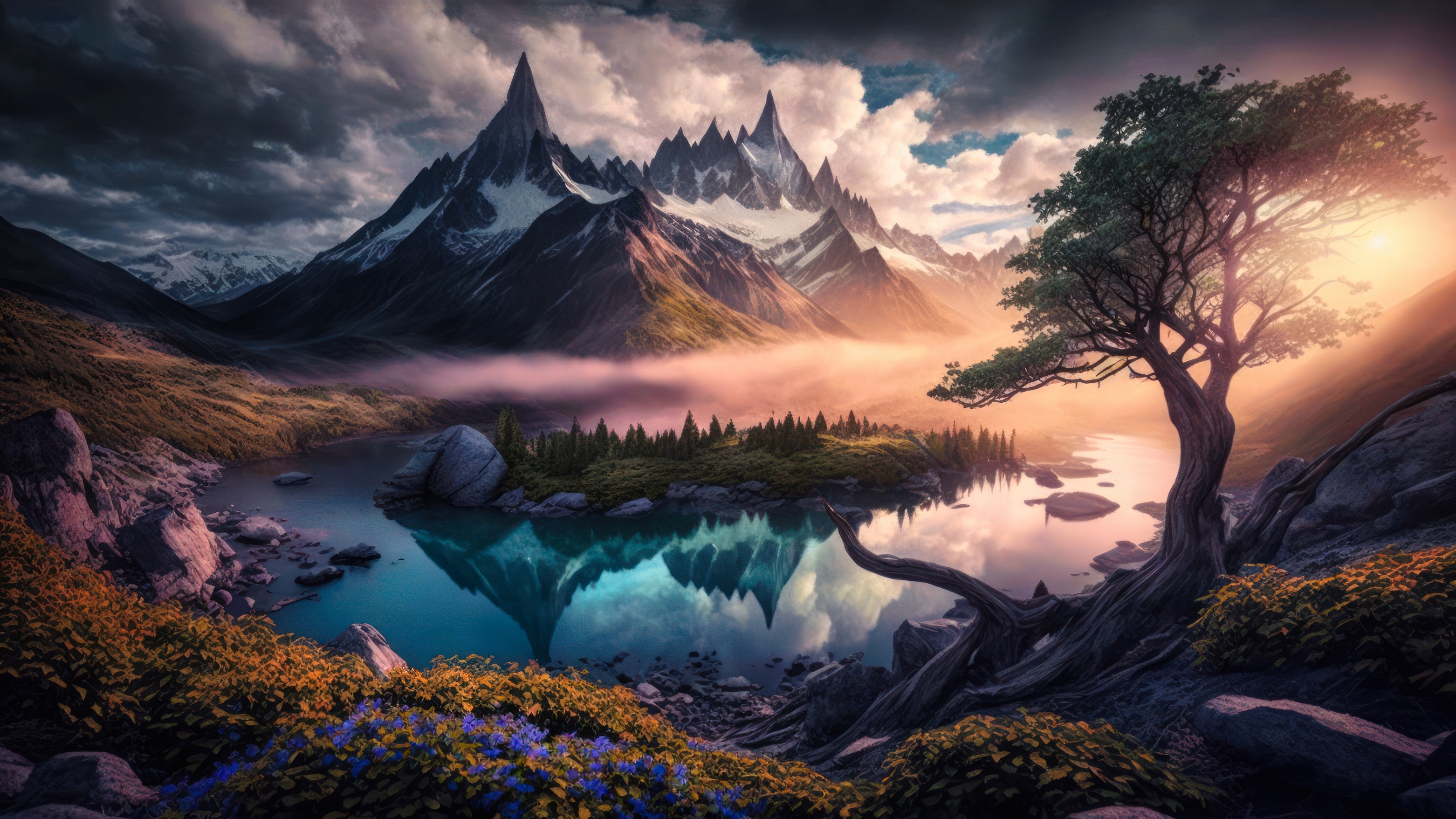 Фантастический пейзаж горного озера с островком посредине, на фоне заснеженных гор, тумана и облачного неба
