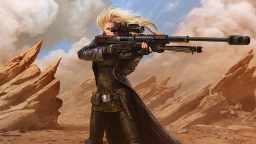 Девушка-снайпер с винтовкой в пустыне