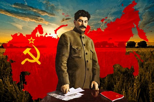 Иосиф Виссарионович Сталин стоит у стола с тетрадью и газетой Правда, на фоне красного флага СССР, выполненного в виде карты страны