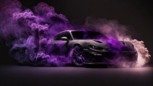 Машина в фиолетовом дыму на черном фоне