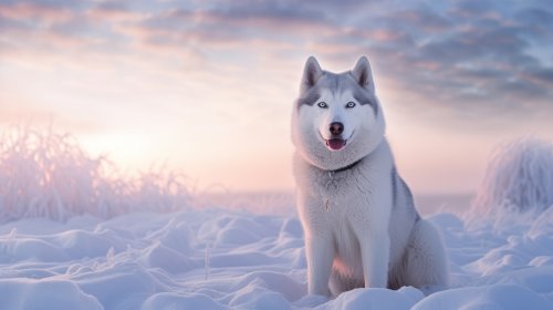 Сибирская хаски сидит на снегу в ошейнике, высунув язык и смотрит на вас