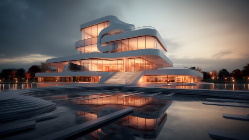 Современное архитектурное здание отражается в водяной глади бассейна