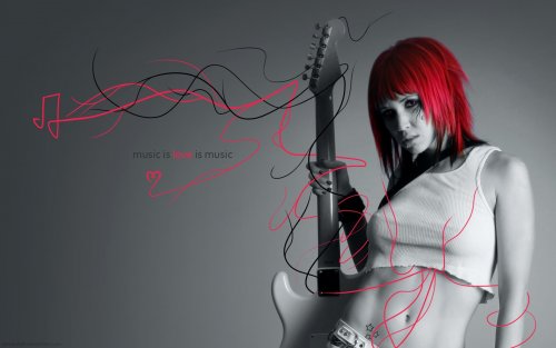 Красивая девушка с красными волосами и электрогитарой (Music is love is music)