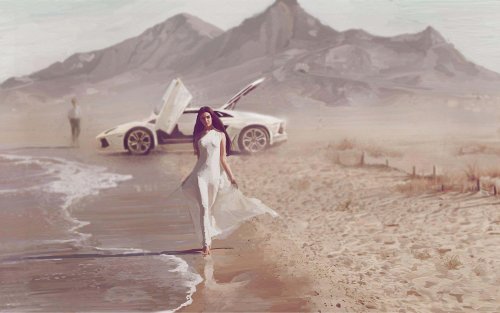 Темноволосая девушка в белом платье идет босиком по песчаному пляжу, на фоне белой машины, стоящего вдалеке мужчины и гор