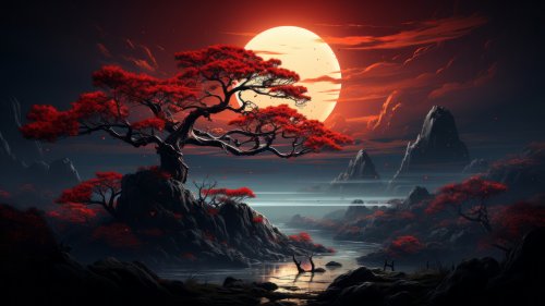 Дерево цветущее красными цветами на фоне гор и кровавой луны