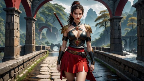 Девушка в кожаных доспехах и мечом за спиной идущая по каменной дороге украшенной арками