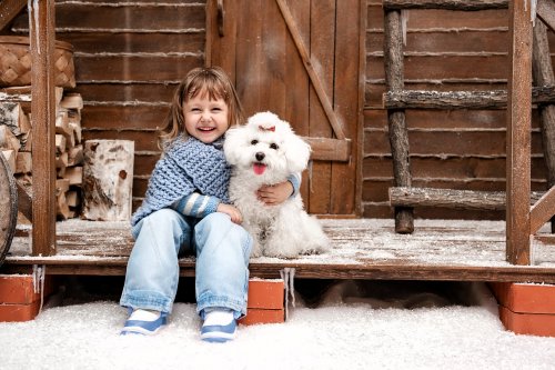 Девочка с собачкой сидит на заснеженном крыльце деревянного дома