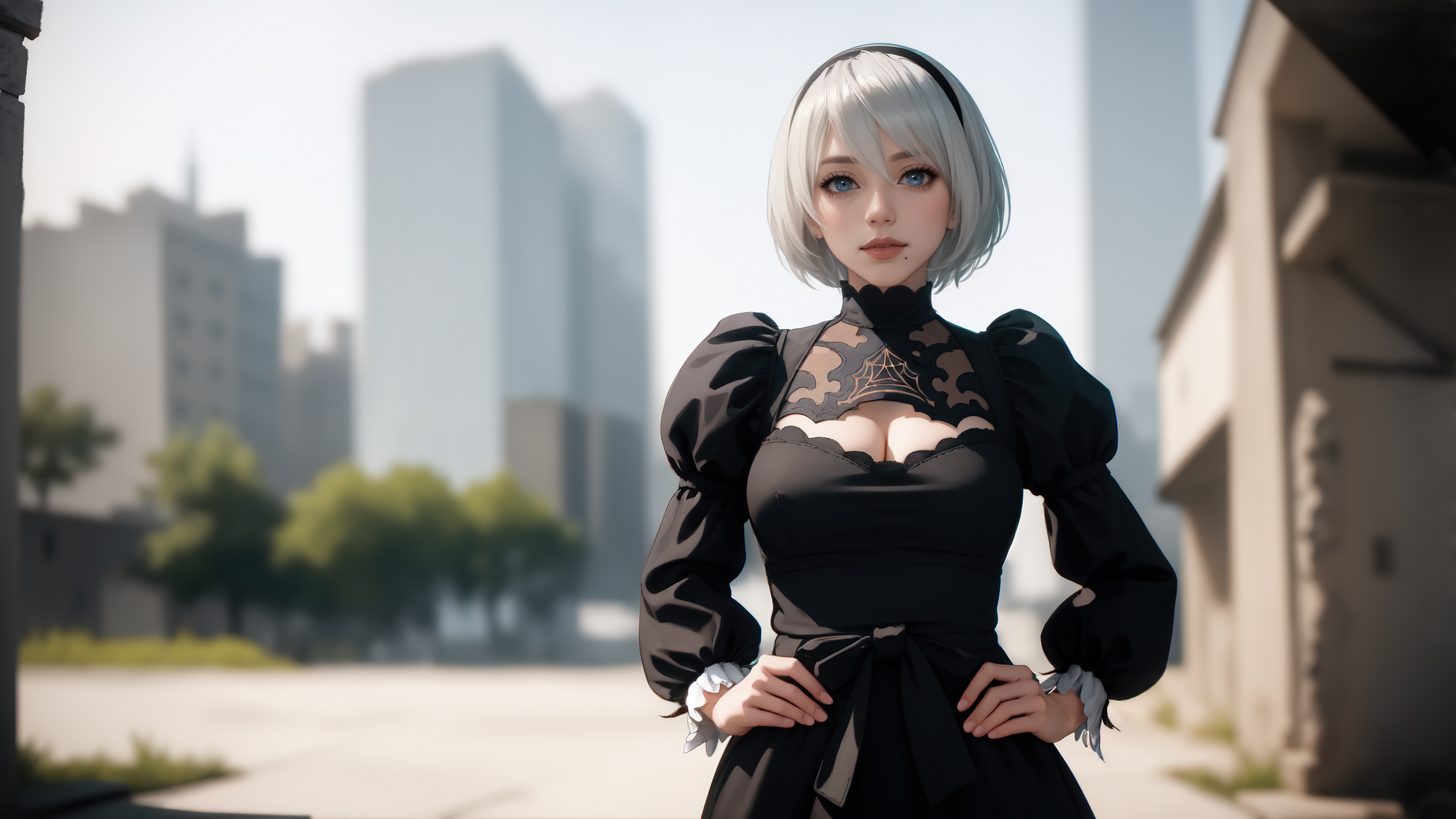 2b Nier Automata с короткими серебристыми волосами и обручем стоит на фоне современных высотных зданий и низких построек в солнечный день