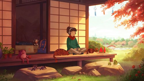Девушка Lofi girl в наушниках сидит на деревянной веранде в стиле Релакс / Relax, рядом спит кот, на фоне зеленого парка с прудом