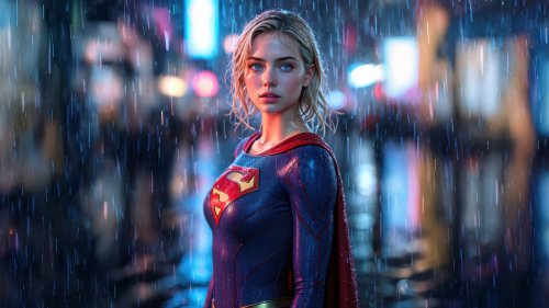 Девушка с короткими светлыми волосами в сине-красном костюме из фильма Super Girl / Супергерл стоит под дождем на фоне размытых неоновых огней
