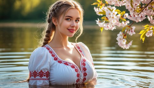Девушка среди воды и цветущих ветвей сакуры