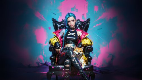 Джинкс / Jinx сидит на черном стуле рядом с собакой сиба-ину в кожаном костюме и яркой куртке на фоне абстрактных розово-голубых мазков