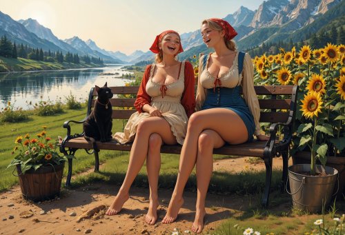 Две девушки сидят на скамейке с черным котом, смеясь на фоне горного пейзажа с рекой и полем подсолнухов