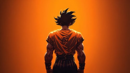 Goku / Сон Гоку из аниме Dragon Ball / Жемчуг дракона стоит спиной в оранжевом костюме с черным поясом и браслетами, на оранжевом фоне