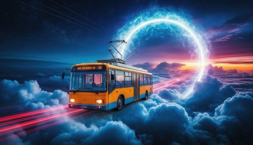 Желто-синий троллейбус выезжает из светящегося синего портала над облаками, оставляя за собой красные световые следы