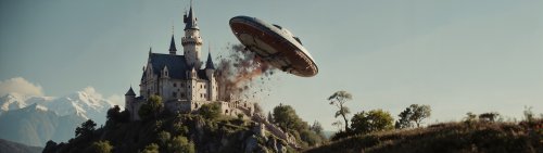 Космический корабль по касательной задел старый замок на холме при полете в горах