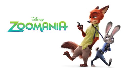 Лис Ник Уайлд из фильма Зверополис / Zootopia держит телефон, а крольчиха Джуди Хоппс держит его за галстук