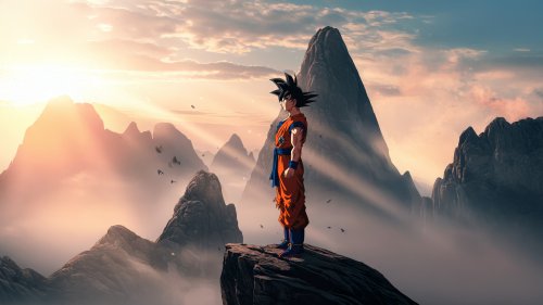 Мужчина Гоку / Goku из аниме Драгонболл / Dragon Ball в оранжевом костюме стоит на скале, глядя вдаль, на фоне гор, тумана, восходящего солнца и неба
