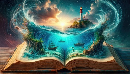 Открытая книга, из которой исходит волшебный мир с морем, маяком на острове, кораблями под водой