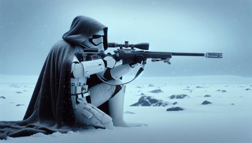 Персонаж из фильма Звездные войны / Star Wars, Штурмовик / Stormtrooper в белом костюме и темном плаще присел, держа снайперскую винтовку