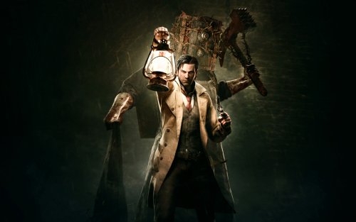 Себастьян Кастелланос из игры The Evil Within / The Evil Within в светлом плаще держит зажженный фонарь и пистолет
