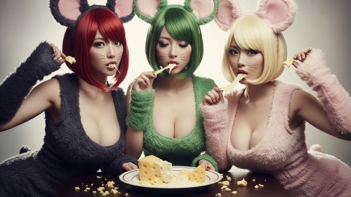 Три девушки в костюмах мышей с ушками и нарисованными усами едят кусочки сыра с тарелки на столе, на светлом фоне